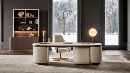 A serene home office features large windows showcasing a snowy landscape. The elegant gray wood desk and plush chair create a peaceful workspace during winter