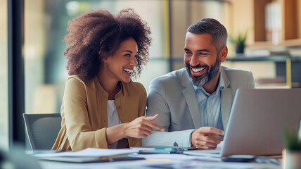 Two coworkers, a woman pointing at a laptop screen and a man smiling, both engaged in a productive conversation, documents spread out on a desk, a well-lit modern office.