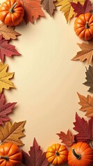 Autumn holiday background featuring pumpkins, colorful dried leaves, and fall decorations arranged at the bottom, leaving the top part empty. Flat lay, top view with copy space. Happy Thanksgiving, ha