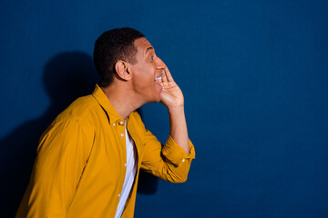 Photo of young guy in yellow shirt touch cheek announce news black friday start empty space...