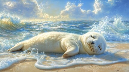 A white seal pup sleeps peacefully on a sandy beach with waves crashing behind it and a bright blue sky above.