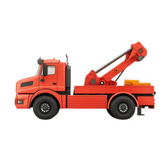 Naklejka premium Red tow truck with an extended crane, isolated on white background