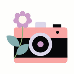 Vintage Camera with Wild Flower Vector Illustration 