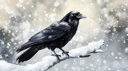 Fototapeta premium A black raven perched on a snow-covered branch with snowflakes falling in the background.