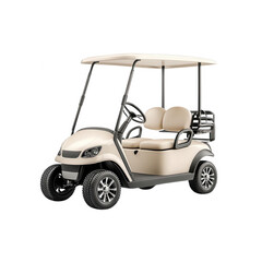 Golf cart with beige seats on a white isolated background.