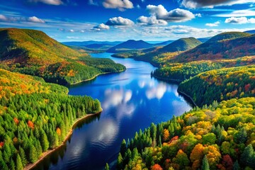 Obraz premium Stunning Aerial View of Lake of Two Mountains Surrounded by Lush Green Forests and Majestic Mountains in Quebec,