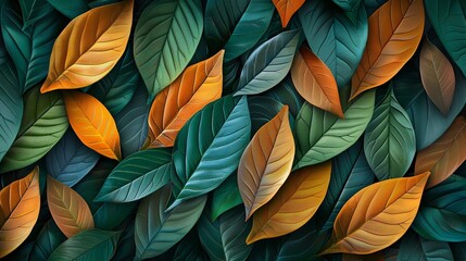 Abstract leaves form a vibrant background, a colorful display of plant life. Nature's design in art, a depiction of green leaves.