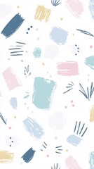 Abstract seamless pattern with pastel brushstrokes, dots, and lines on white background.