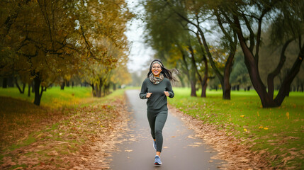 Fototapeta premium Asian Woman jogging through scenic autumn park in comfortable athletic wear