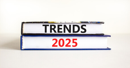 Planning trends 2025 new year symbol. Concept words Trends 2025 on beautiful books. Beautiful white background. Business trends 2025 new year concept. Copy space.