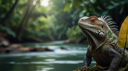 Fototapeta premium A green iguana perched on a branch beside a flowing river, with lush tropical greenery in the background.