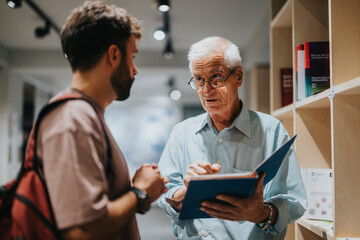 A senior professor and a young student engage in a focused discussion in a library. The professor is holding an academic book, emphasizing learning and education.