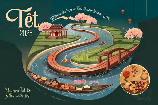 Tet 2025 Wooden Snake river scene with boats and blossoms