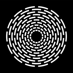 Abstract Radial Circular Concentric White Dash Lines Pattern on Black Background. Geometric Circle Design Element. 