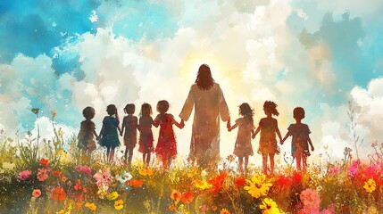 jesus christ holding hands with diverse group of people digital watercolor painting
