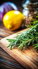 Fresh rosemary sprigs on a wooden cutting board.