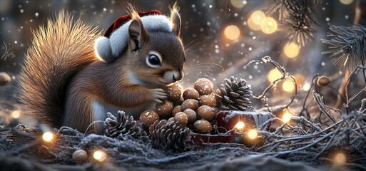 Obraz premium A charming squirrel wearing a Santa hat perches on a gift, surrounded by Christmas decorations and twinkling lights, capturing the festive spirit of the holiday season.
