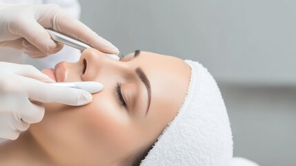 Fototapeta premium Relaxing Facial Treatment: Close-up of a woman receiving a professional facial treatment, showcasing skincare tools and a serene atmosphere. 