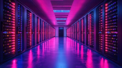Illuminated Server Room Packed with High-Performance Network Servers for Tech Solutions