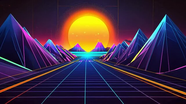 Futuristic, neon-lit landscape with geometric mountains, a bright sun, and a glowing road receding into the horizon.