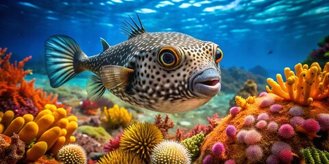 Fototapeta premium Stunning black puffer fish swimming gracefully in vibrant ocean habitat, showcasing its unique features and colors in