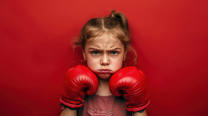 Angry girl wearing boxing gloves ready to fight on red background. Determination and strength of a kid boxer child concept