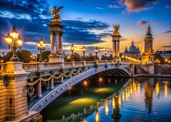 Captivating nighttime photography showcasing the Alexandre III Bridge in Paris, illuminating the stunning architecture and reflections in serene