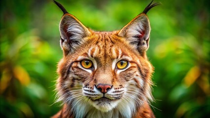 Fototapeta premium Captivating Portrait of a Lynx with Striking Red Feathers Against a Lush Green Background