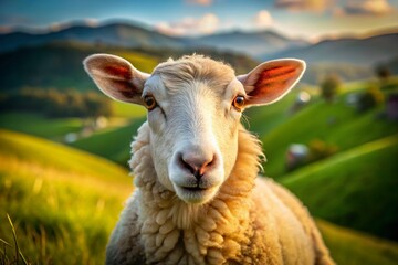 Obraz premium Captivating Portrait of a Sheep in Pastoral Landscape with Ample Copy Space for Creative Use