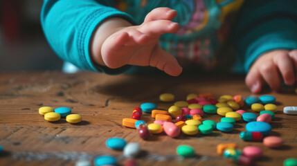 Baby child's hand reaching for medical pills lying on the table. The danger of leaving tablets in places easily accessible to children. Medication pharmacy drug poisoning concept