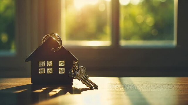 House key with keychain on wooden table, sunlight, window with green trees, house, home, real estate.