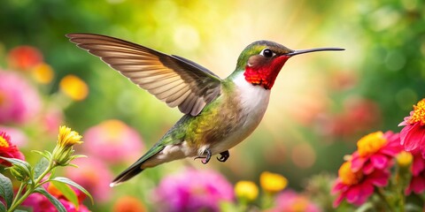 Fototapeta premium Captivating Ruby-Throated Hummingbird Hovering in Vibrant Nature Setting