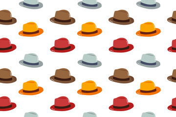 Seamless pattern with kawaii cute hats panama, fedora. Autumn and fall hat with brown, red, blue, orange colors on white isolated background	