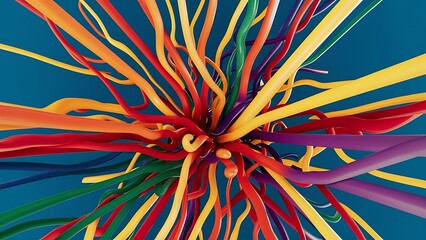 Top view of multicolored bright abstract lines on blue background