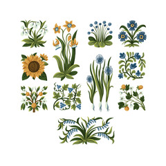 Rustic yellow and blue simple flowers. Vector.