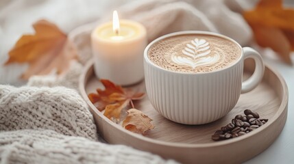 Minimalistic Autumn Ambiance - Cozy Composition with Coffee Cup, Candle, and Journal on Wooden Tray