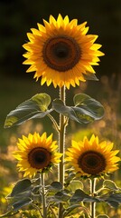 Fototapeta premium Three vibrant sunflowers in full bloom, bathed in warm sunlight.