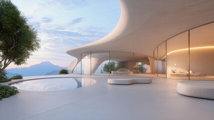 Fototapeta premium Modern white minimalistic concrete building with tranquil pool and scenic mountain view during a calm sunset