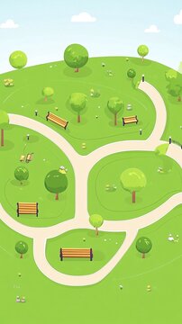 Top-down view of a green park with winding paths and benches.