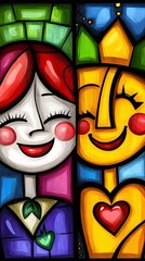 Two colorful cartoon characters, both smiling with their eyes closed, one with a red crown and a green hat, the other with a green crown and a purple hat.