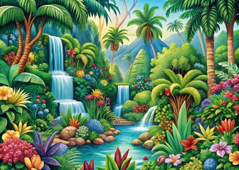 Fototapeta premium Cartoon-inspired tropical wilderness featuring vibrant plants and cascading waterfalls, designed in a seamless repeating pattern perfect for fabric