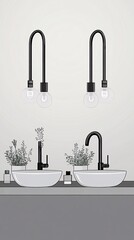 Two sleek black faucets and light fixtures above white sinks.