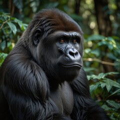Obraz premium A powerful male gorilla sits in the lush green rainforest.