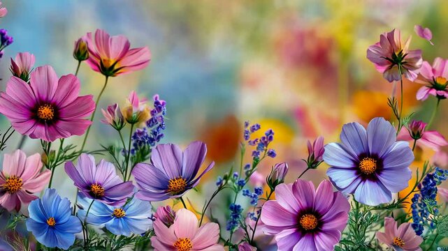 Colorful cosmos flowers bloom in a field on a sunny day