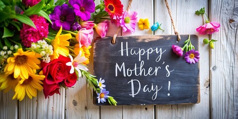 Celebrate Mother's Day with this charming slate board against a rustic wooden wall, adorned with flowers. Perfect for commemorating the occasion in