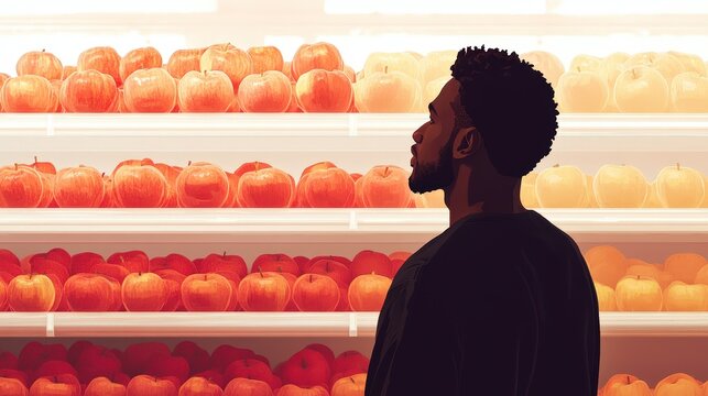 Eco-Friendly Consumer Choice: African American Man Selecting Apples in Minimalist Graphic Poster Design