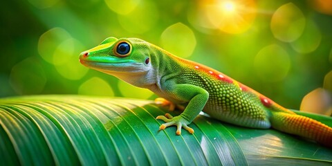 Fototapeta premium Stunning Gold Day Gecko on Green Leaf in Tropical Habitat – Vibrant Colors and Unique Patterns Captured in