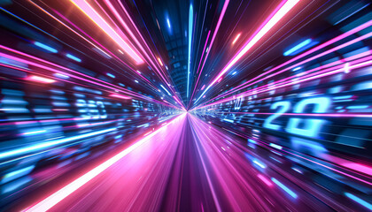 Obraz premium Colorful, swirling light display with a bright blue and orange streak. The light is moving in a tunnel, creating a sense of motion and energy