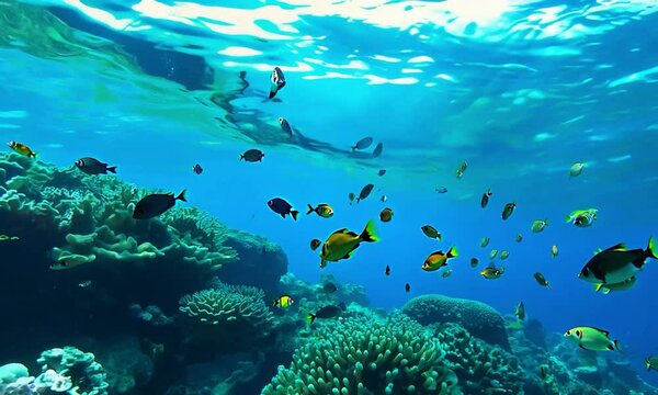 Tilt down with detailed underwater life: An underwater scene with clear visibility of vibrant marine life and coral. The camera tilts down from the surface, capturing the intricate details and the cla