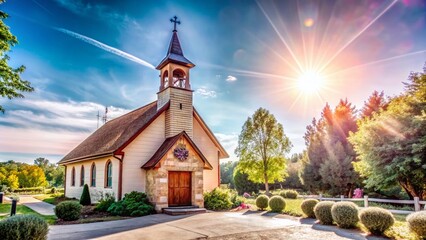 Fototapeta premium Charming Facade of a Small Rural Church in Serene Countryside Setting